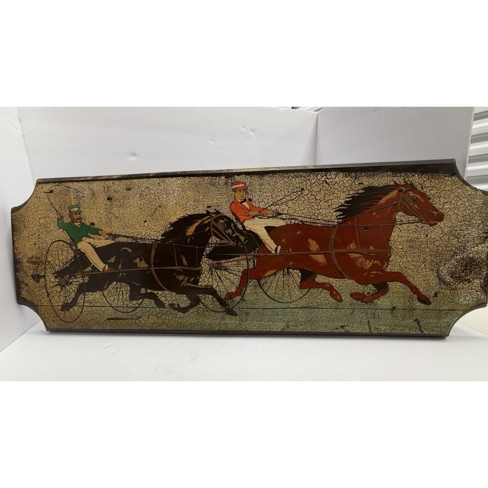 Couroc Horse Harness Racing Scene Wood Wall Hanging Plaque, Mid-Century Modern